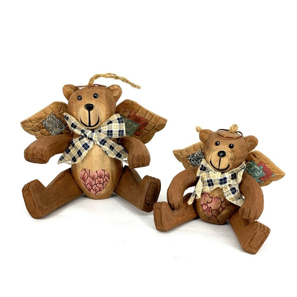 Wooden Christmas Hinged Angel Bears Ornaments Teddy Wings 5.5" Lot of 2